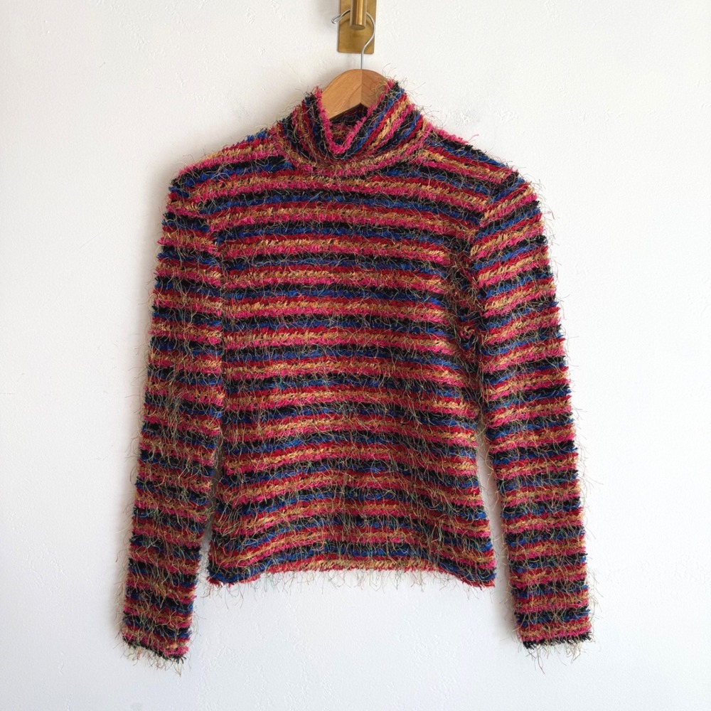 Vintage Cache Fuzzy Turtleneck Sweater S Y2K Multicolor Stripe Eyelash Knit